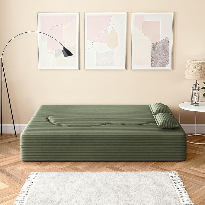 78" Convertible Sofa Bed, 2-in-1 Folding Floor Couch with 2 Pillows, Sleeper Sofa for Living Room and Bedroom, No Assembly Required (Green, Corduroy Fabric)