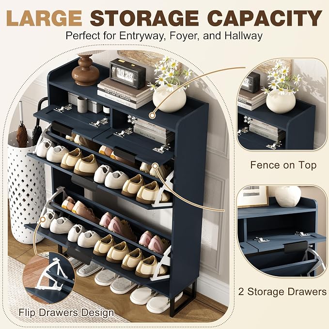 Fluted Shoe Cabinet Storage for Entryway – Narrow Shoe Rack with 2 Flip Drawers & 2 Storage Drawers, Freestanding Hidden Shoe Organizer for Foyer, Hallway (Blue) - Image 3