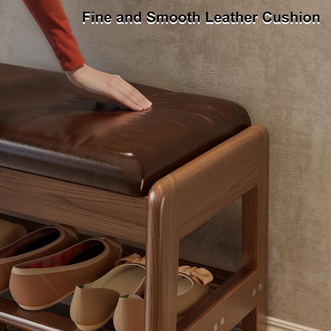 AQIMUELE Shoe Rack Bench,2 Tiers Shoe Bench with Storage with Flip-Top,Wood Shoe Rack for Entryway,Hallway（Dark Walnut Upholstered Seat,11.8" D x 23.62" W x 15.7" H） - Image 4