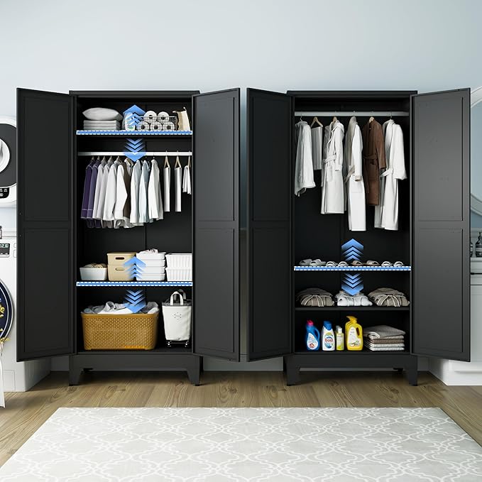 Metal Armoire Wardrobe Closet with Doors and Shelves, 71" Tall Metal Wardrobe Closet with Hanger Rod and Clothing Shelf, Black Farmhouse Bedroom Armoire Steel Storage Cabinet for Bedroom