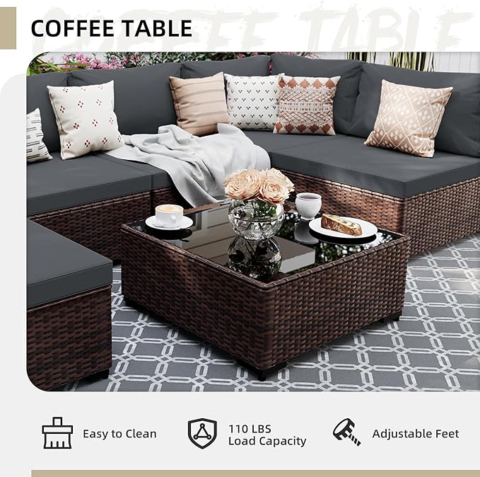 UPHA 9 Pieces Patio Furniture Sets, Wicker Outdoor Sectional Sofa Couch with Round Propane Pit for Deck Backyard Garden, Brown Rattan, Dark Gray Cushion