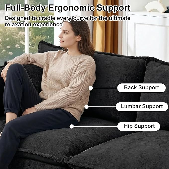 102" Cloud Couch Sectional, Modular Sectional Sofa with Chaise & 4 Removable Washable Pillows, Oversized L-Shaped Couch for Living Room, Modern 3-Seat Cloud Sofa Sectional with Deep Seat, Black