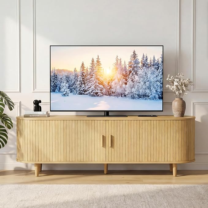 65" Mid Century Modern TV Stand, Wood TV Consoles with Sliding Doors and Power Outlet, Fluted Entertainment Center with Adjustable Shelves, Media Console for Living Room, Oak by Unknown
