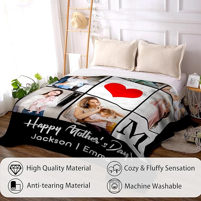 Personalized Mothers Day Birthday Gifts for Mom from Daughter Son Kids Husband Custom Blanket with Picture Mother's Day Blankets Customized Valentines Memorial Christmas Anniversary Mom's Gifts