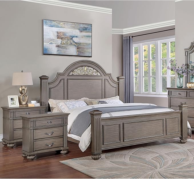 Furniture of America Malierd Traditional Wood 3-Piece Bedroom Set, Panel California King-Size Bed and 3-Drawer Nightstand for Bedroom, Gray