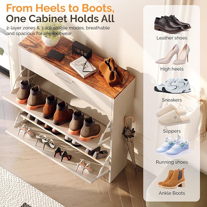 VINGLI Set of 2 Rustic White Shoe Cabinet for Entryway, 2-Pack 31.5" W Extra Wide Slim Shoe Organizer with Vintage Brown Top, Modern Farmhouse Wood Shoes Rack, Narrow Freestanding Cabinet for Hallway - Image 8