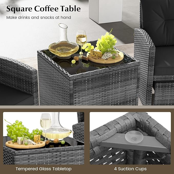 ORALNER 5 Pieces Patio Furniture Set with Ottoman, Wicker Conversation Set w/Cushions, Glass Coffee Table, Outdoor Lounger Rattan Chairs Bistro Set for Porch Balcony Garden Deck Poolside (Black)