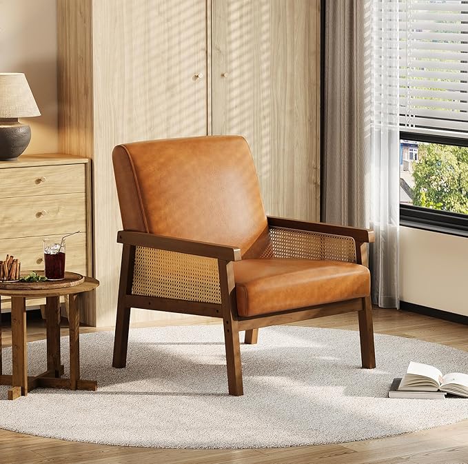 IDEALHOUSE Rattan Accent Chair, PU Leather Armchair, Upholstered Reading Chair with Wooden Frame and High Back, Leisure Chairs for Living Room Bedroom Waiting Room Reception, Brown