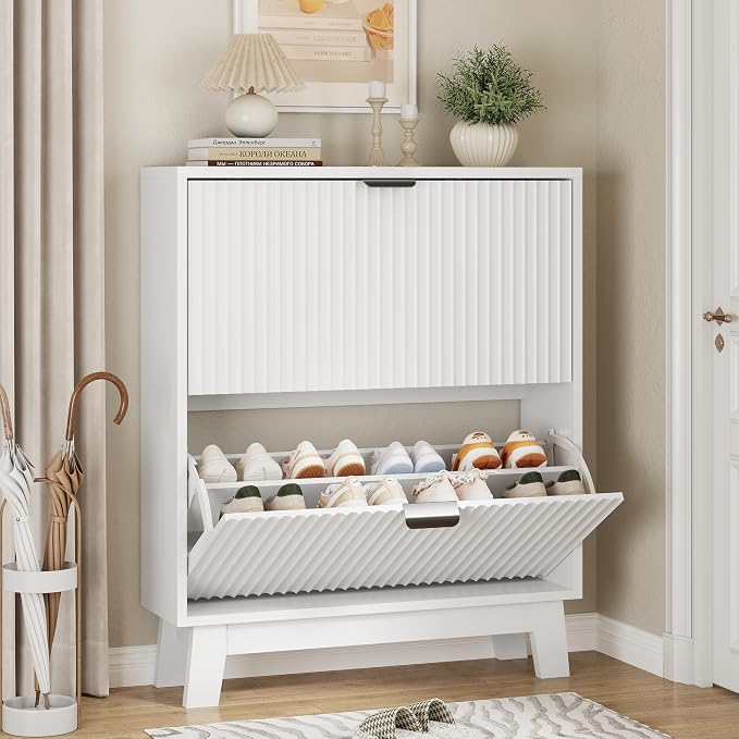Xixini Shoe Cabinet with 2 Flip Drawers, 37" Tall Narrow Fluted Shoe Storage Organizer for Entryway, Hidden Slim Wooden Shoe Rack Cabinet for Front Door Entrance, Hallway, Living Room, Solid White by Xixini