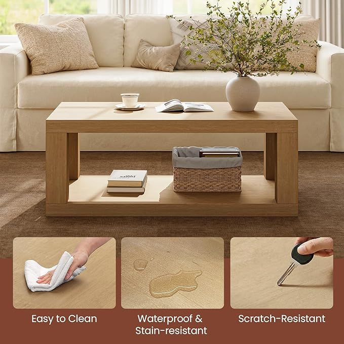 47" Modern Coffee Table, Center Table for Living Room, Large Wooden Rectangular Coffee Tables for Living Room,Office,Wood Thick Design,Real Wood Veneer,Natural Oak