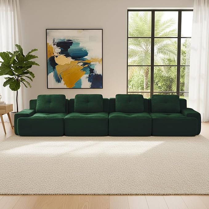 Casaphoria 150'' Green Corduroy Cloud Couch, 4-Seater Boneless Sectional Sofa with 4 Pillows for Living Room, Deep Seat Sofa, No Assembly Required