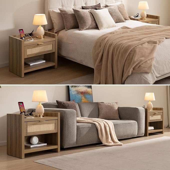 SICOTAS Night Stand Set of 2 Nightstands - Rattan Bed Side Table with Drawer Storage,Type-C Charging Station End Table - Boho Bedside Night Stands for Bedroom - Natural Oak - Image 8