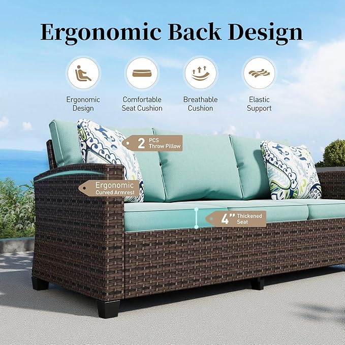 Swivel Glider Patio Furniture Set Outdoor Furniture Brown Wicker Rattan Patio Conversation Sets with Cushion Outside Sofa Set,7 Pieces,9 Seats,Blue