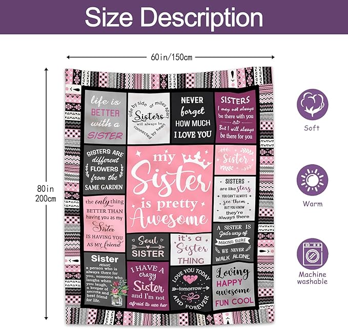 Ruvinzo Sister Gifts from Sis, Sisters Birthday Gift Idea, Best Sister Ever Gift for Women, Birthday Gifts for Sisters, Sis Soft Throw Blanket 80" x 60"
