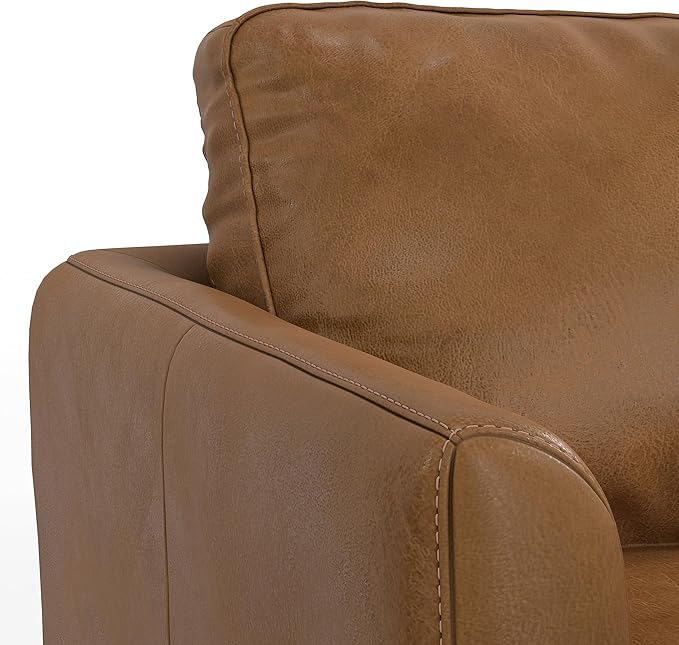 SIMPLIHOME Livingston Sofa - 76 inch Wide Top Grain Genuine Leather Sofa in Caramel Brown, Mid-Century Modern Loveseat for Living Room with Removable Feather-Wrapped Cushions and Solid Wood Frame