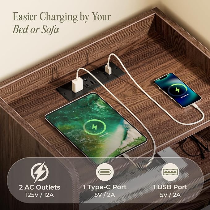 Huuger Nightstand with Charging Station, USB-C Port, Fluted Night Stand with Drawer, Bed Side Table with Solid Wood Feet, Open Storage, End Table with Raised Edge, for Bedroom, Walnut - Image 3