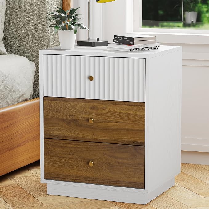 23.6" Tall Night Stand with 3 Storage Drawers, Fluted Nightstand with Metal Handles, Modern End Table Bedside Table Chest for Bedroom, White and Natural by HOCAT