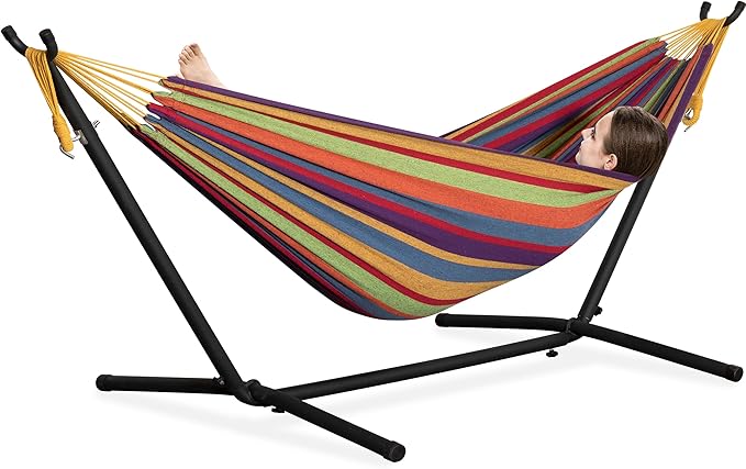 PNAEUT Double Hammocks with Stand for Outside, Portable Space Saving Heavy-Duty Steel Stand for Indoor Outdoor Patio, 450 lbs Capacity (Tropical) by PNAEUT
