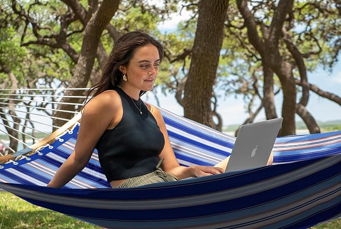 SUPERJARE Hammock with Stand, 2 Person Heavy Duty Hammock with Padded Cotton, Detachable Pillow & Strong Curved-Bar & Portable Carrying Bag, Perfect for Outdoor & Indoor, Navy Blue Stripe - Image 2