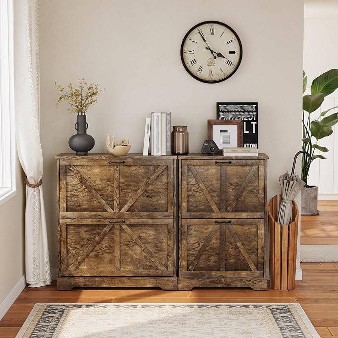 Semiocthome Farmhouse Shoe Storage Cabinet with 2 Flip Drawers, 23.6"(W) Freestanding Shoe Organizer with Barn Door and Metal Handles for Entryway, Corner Narrow Shoe Rack Cabinet - Rustic Brown - Image 9