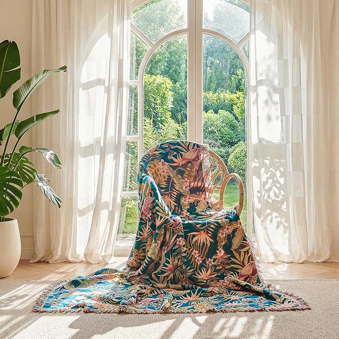 LUTBM Boho Throw Blanket for Couch Sofa Chair Cotton Spring Blankets for Bedroom Living Room All Season Lightweight Reversable Forest Embroidery Throws 50"x60"
