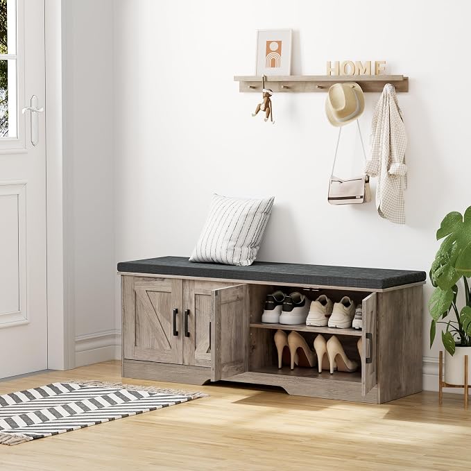 HOMSHO 2-Tier Storage Bench, 47.2" Wide Shoe Bench with Padded Seat Cushion, Entryway Bench with 4 Barn Doors and Adjustable Shelf, Greige - Image 2