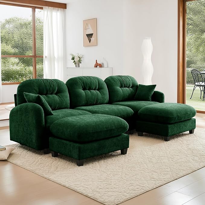 KEIKI 107" U-Shaped Oversized Chenille Modular Sectional Sofa with 2 Ottoman, High-Density Foam Cushions, Tufted Pleated Cushion Backrest, Modern 3-Seater Couch with 2 Pillow, for Living Room, Green