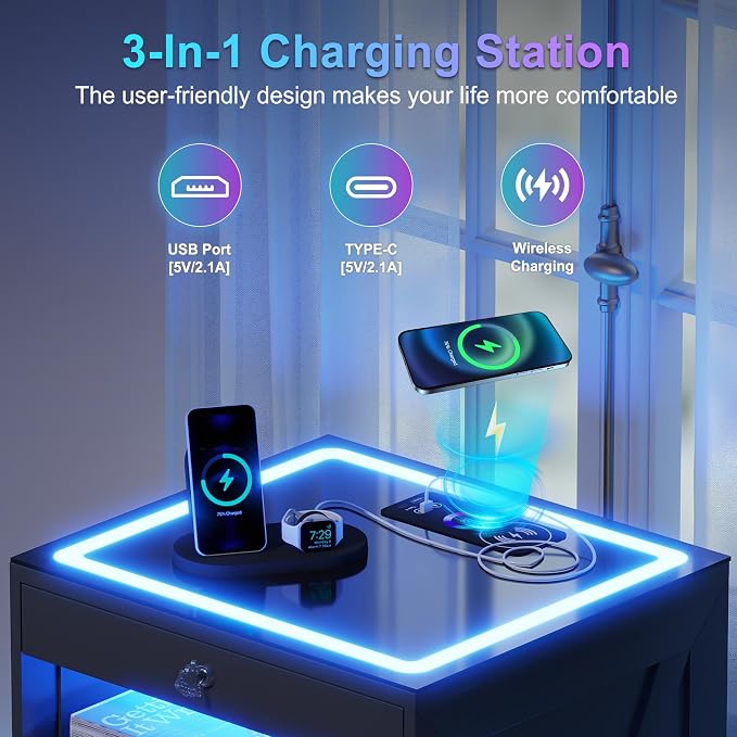 Lvifur 2 Set LED Nightstand with 3 Drawers, Glass Top Bedside Table with Wireless Charging Station, Modern Night Stand with Auto Sensor, Bedroom Smart End Table (Blackx2) - Image 6