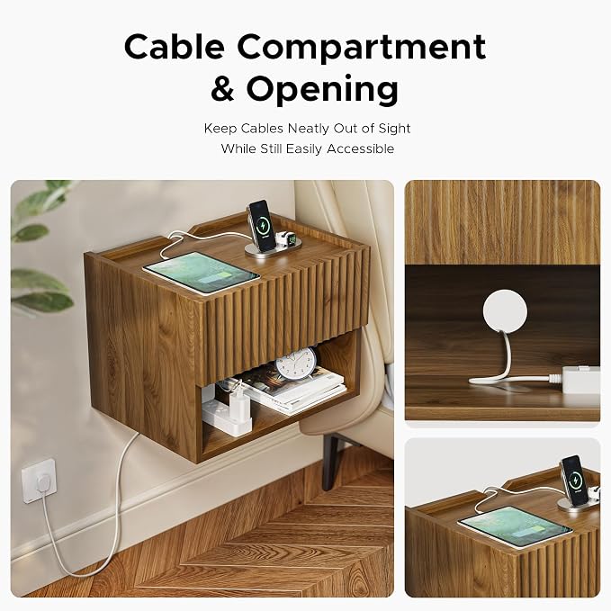 Floating Nightstand Bedroom Bedside Table - Floating Night Stand Set 2 for Small Spaces, Wall Mounted Cabinet with Storage Drawer, Brown Modern Night Stand for Dorm Hallway Entryway - Image 5