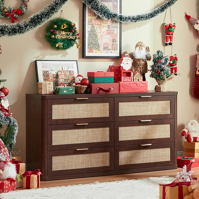 LEYAOYAO Rattan 6 Drawer Dresser for Bedroom, 54" Wide Boho Chest of Drawers, Wooden Dressers TV Stand with Metal Handle, Storage Closet Organizer for Living Room, Hallway, Walnut - Image 9