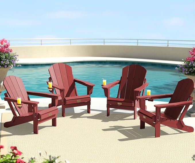SERWALL Foldable Adirondack Chair Set of 2, Weather Resistant HIPS Patio Chairs with Cup Holder for Garden Outdoors Fire Pit Chairs- Red - Image 10