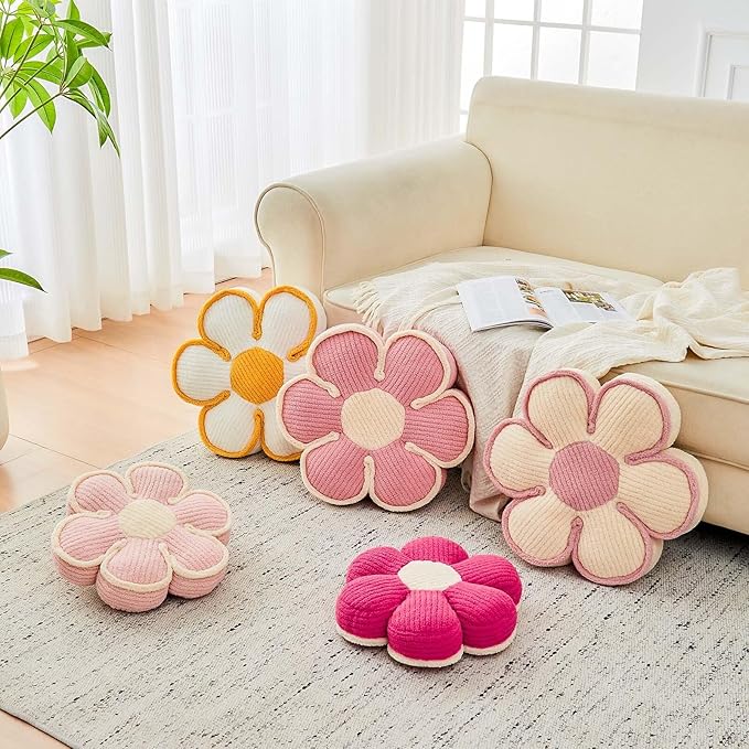 Kcvvcr Flower Pillow, Soft Flower Decorative Throw Pillow, Cute Daisy Flower Shaped Seating Floor Cushion Room Décor Plush Pillows for Sofa Couch Bed (17.7 Inch, Pink)