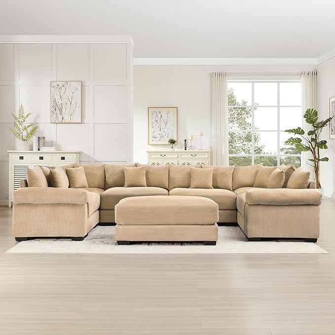 KEIKI 138" U-Shaped Oversized Corduroy Modular Cloud Sectional Sofa with 1 Ottoman, High-Density Foam Cushion, Extra-Thick Armrest, 6-Seater Fluffy Corner Couch with 20 Pillow, for Living Room, Camel