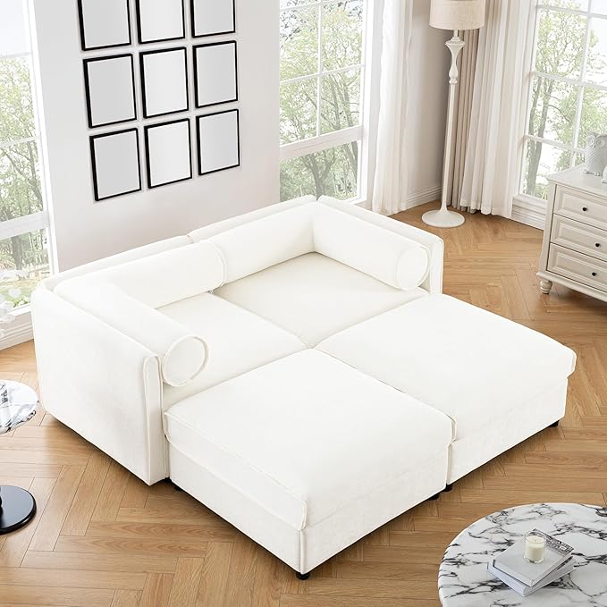 KEIKI 76" Modular Loveseat Chenille Sectional Sofa with Storage Seat and 2 Ottoman, Modern Style 2-Seater Couch with Cylindrical Backrest and Armrests, Easy Assembly, for Apartment, Living Room, White