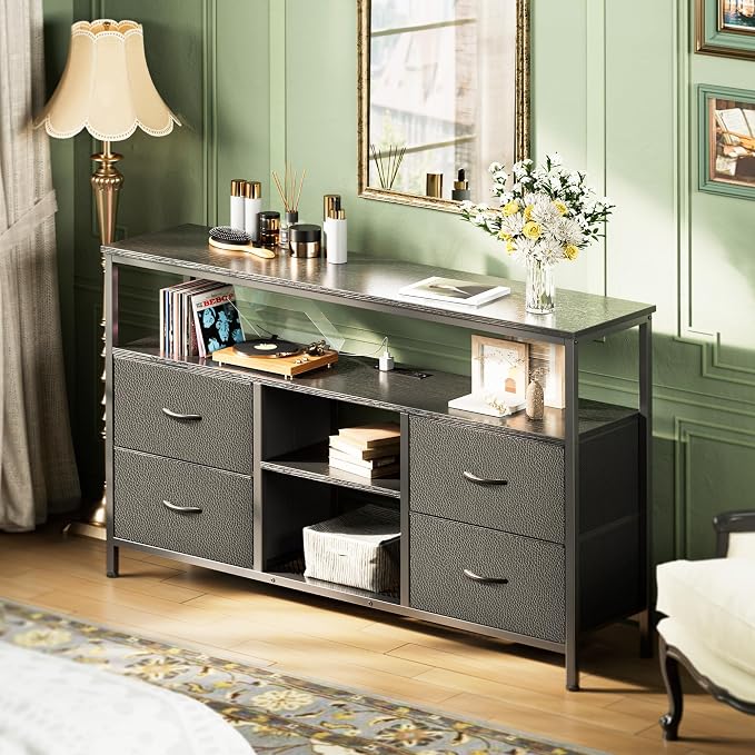 Huuger 47 Inch TV Stand Dresser with Power Outlets and LED Lights, Fabric Dresser for Bedroom with Storage, 4 Drawers Entertainment Center with Open Shelf, Media Console for 55 50 Inch TV, Black - Image 9