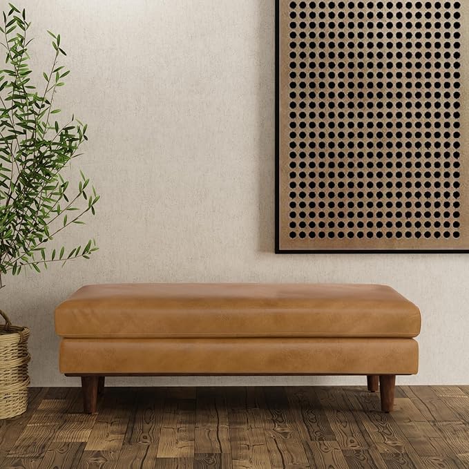 SIMPLIHOME Morrison 49 inch Wide Large Rectangular Ottoman in Sienna Genuine Leather, Multifunctional Footrest, Coffee Table, and Extra Seating for Living Room, Mid-Century Modern Style