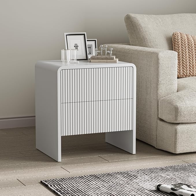 Set of 2 Curved Nightstand with 2 Drawers, Wooden Bedside Table with Push to Open Storage, Modern End Table for Bedroom, White - Image 7