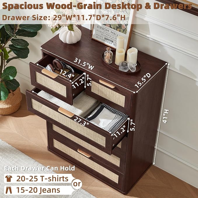 LEYAOYAO Rattan Dresser for Bedroom Set of 2, 41" Tall Chest of Drawers, Modern 6 Drawers Boho Dressers with Storage, Vintage Brown Dresser Wooden Closet Organizer for Living Room, Hallway - Image 2
