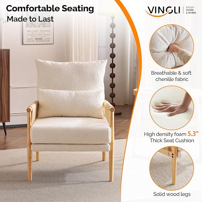 VINGLI Boho Braid Accent Armchairs Set of 2,Mid-Century Modern Chiars with Solid Wooden Armrest,Comfy Louge Cushion Chairs with Waist Pillow for Bedroom,Living Room,Reading Room, Beige