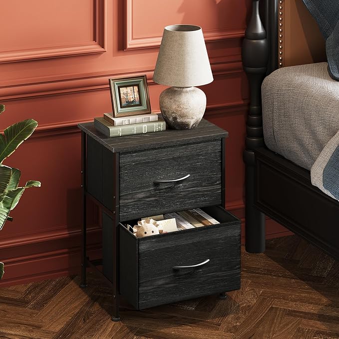 WLIVE Night Stand, Small Dresser with 2 Drawers & Wooden Top, Nightstand with Fabric Bins, Bedside Table End Table for Bedroom, Closet, Entryway, College Dorm, Charcoal Black - Image 2