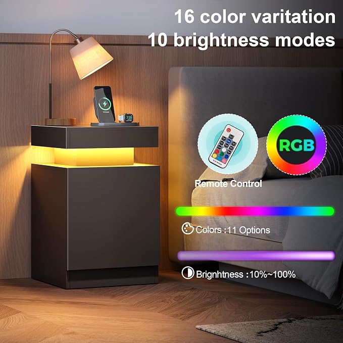 MXV Nightstand Set of 2 with LED Lights,Night Stand with Storage Cabinet for Bedroom,Bedside Table with LED (Black, 15IN) - Image 6