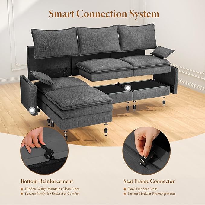 Vesgantti 101" V-Shaped Corner Couch Sectional, 7 Seat Customizable Modular Cloud Couches with Movable Ottoman, Chenille Deep Seat Sofa Set with Chaise for Living Room, Bedroom and Apartment, Gray