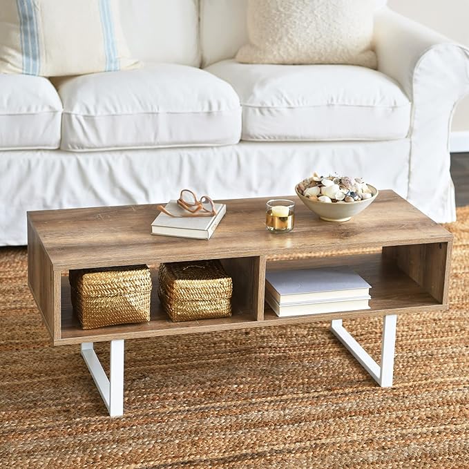 Household Essentials Jamestown TV Stand Coffee Table with Rectangular Storage Compartments Coastal Oak Rustic Wood Grain and White Metal