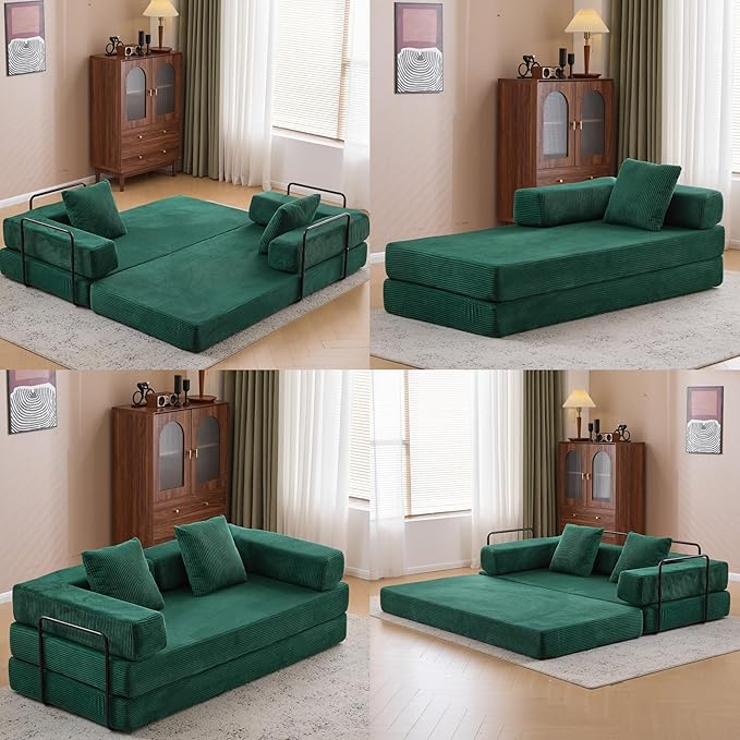 Convertible Floor Sofa Bed, Fold Out Floor Couch with Pillow Back & Armrest, Compressed Couch with Fixed-Shape Frame, Corduroy Foldable Sleeper Sofa Bed for Living Room Bedroom, Dark Green