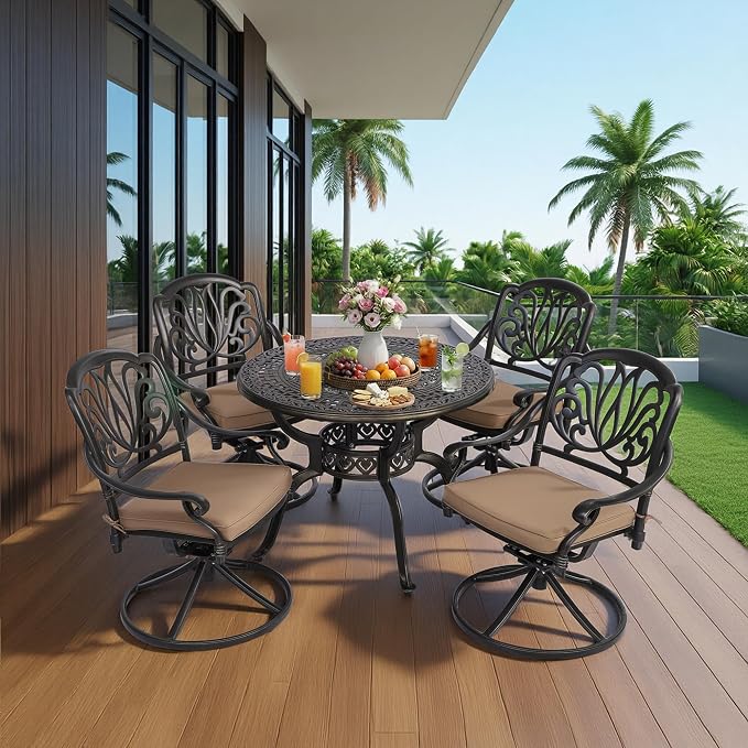 5-Piece Cast Aluminum Outdoor Patio Dining Set, All Weather Cast Aluminum Outdoor Furniture Dining Set for Patio, Balcony, Garden, Backyard w/4 Swivel Chairs & Cushions, 2.0" Umbrella Hole - Image 5