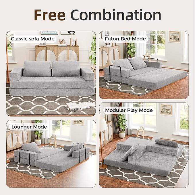 Convertible Sofa Bed, 4-in-1 DIY Combination Modular Couch with Pillows, Comfy Boneless Sleeper Sofa Bed with Fixed-Shape Frame, Chenille Convertible Lounge Couch for Living Room, Light Gray