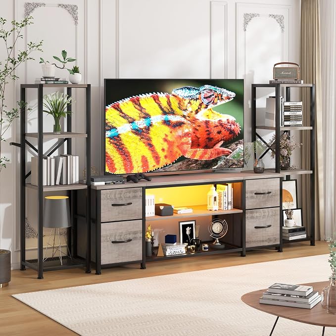 LED TV Stand Bookshelf Combo with Charging Station for 65 60 55 Inch TV, Entertainment Center with Lights & Drawers, Industrial Media TV Console Table for Living Room Bedroom Office, Greige by CREATEDFORSMARTHOMES