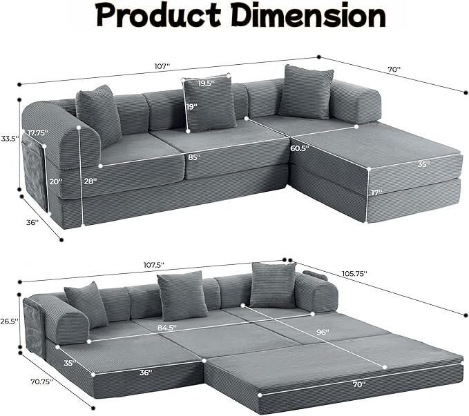 106.3" L Shape Convertible Sleeper Sofa Bed, Oversized Modular Sectional Cloud Sofa with Fixed-Shape Frame & Storage Pocket, Boneless Couch for Living Room, No Assembly Required, Dark Gray