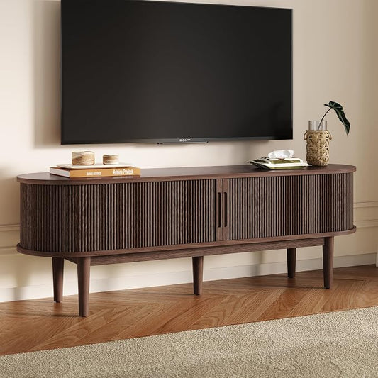 LINSY HOME 58" Fluted TV Stand for TVs up to 65 Inch, Mid Century Modern Entertainment Center with Storage Cabinet and Sliding Doors, Farmhouse Wood Media TV Console for Living Room, Bedroom, Walnut by LINSYHOME