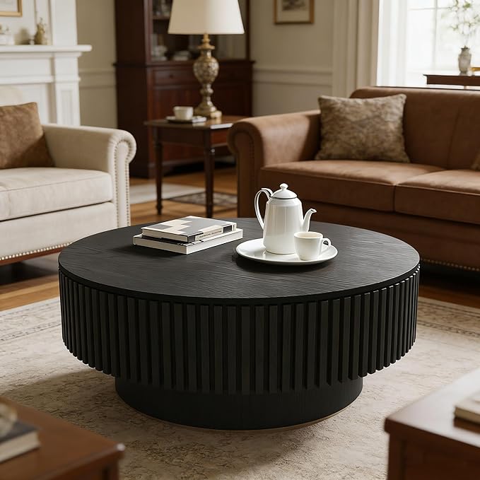 Round Coffee Table with Storage, Modern Fluted Wood Coffee Tables with Sturdy Base, 31.5" Drum Circle Center Tea Table for Living Room Apartment, Easy Assemble - Black